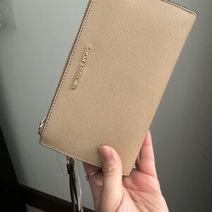 Michael Kors Beige Wristlet with Gold Accents